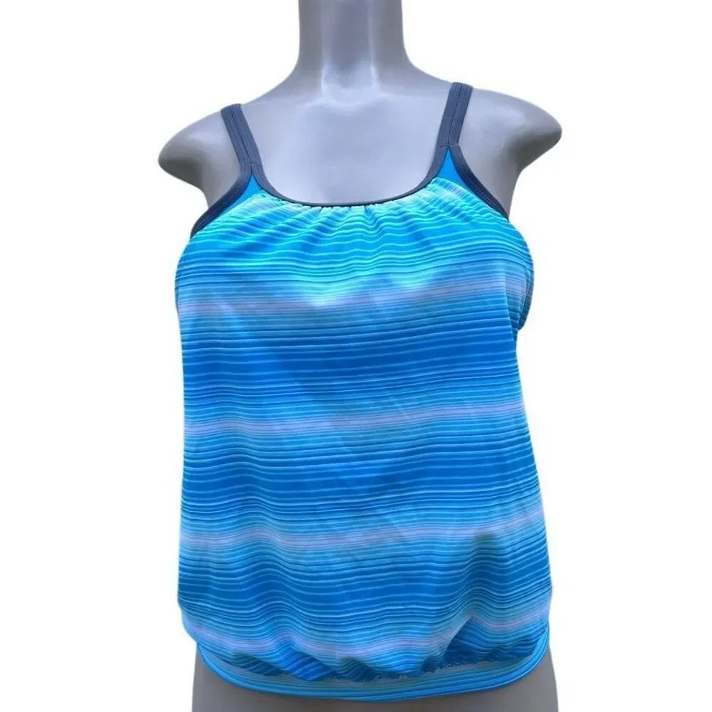 Free Country Swim Tankini Top Women's Medium Blue Striped Blouson Style